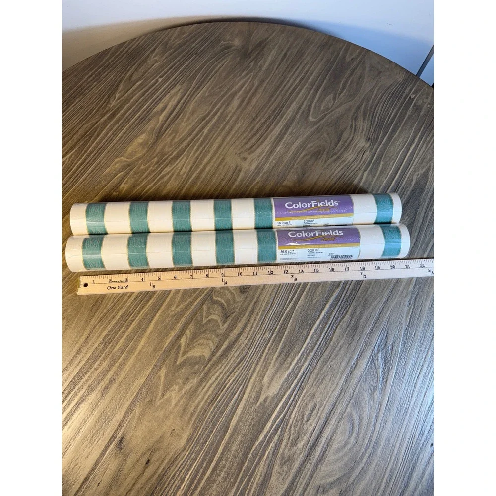 VTG Sunworthy Wallpaper Home 2 Rolls Teal New Striped Vinyl WS5104 Gold‎ Trim